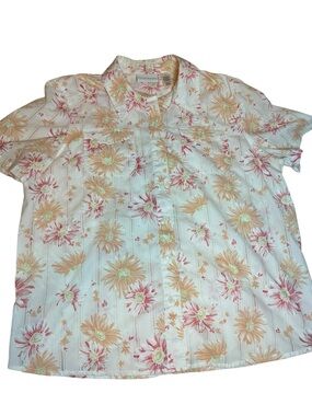 Alfred Dunner Tropical Floral Button Up Shirt Women Size 14 Pink Hawaiian Resort